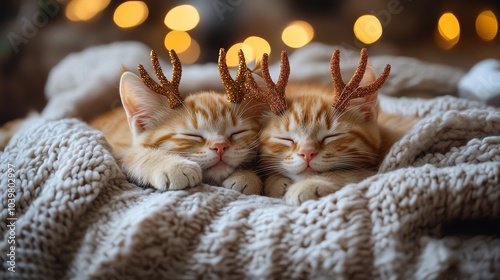 Cute kittens with antlers sleeping on cozy blanket. photo