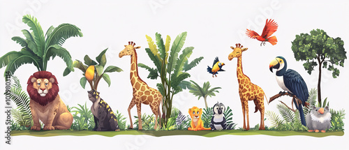 Colorful Jungle Animal Illustration with Giraffe, Lion, and Parrot, and Parr photo