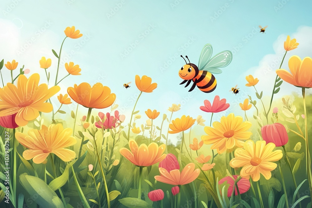 Fototapeta premium A Cheerful Bee Buzzing Around Vibrant Flowers in a Delightful Cartoon Garden