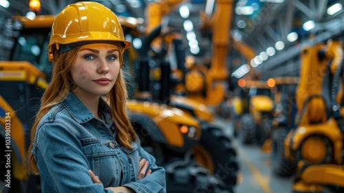 Girl worker in yellow helmet and uniform at tractor production. Production concept