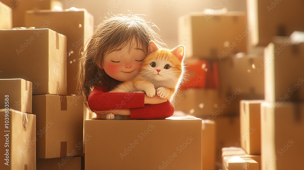 Girl with cat among moving boxes, warm and cozy atmosphere.