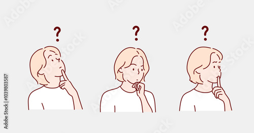 Thoughtful woman making curious face expression isolated on white background. Concept of question, curiosity, wonder, thinking, feeling doubt. Confuse woman. Flat vector illustration character.