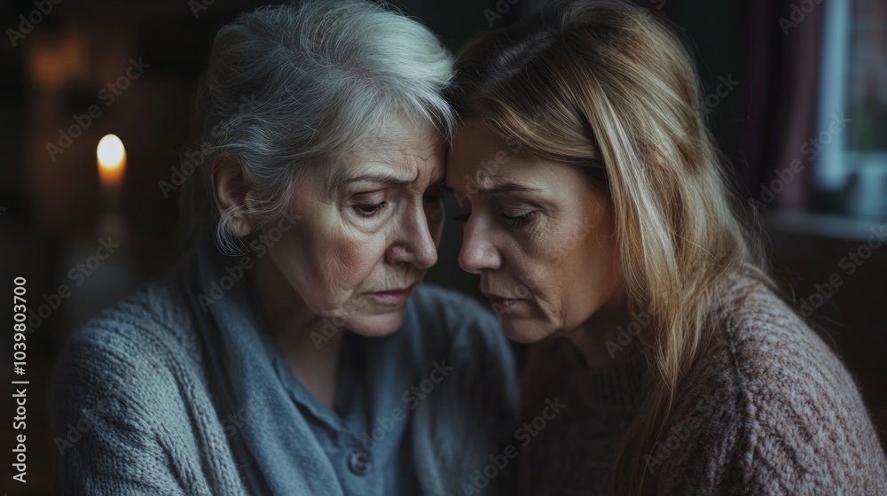 Two women are sitting close to each other, one of them is crying