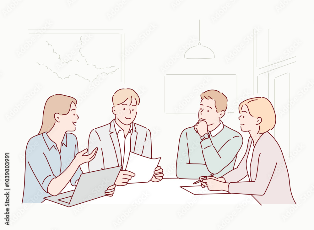 © autumnn - Happy, business people and meeting with laptop in office for communication of company strategy and goals. Hand drawn style vector design illustrations. © autumnn - Happy, business people and meeting with laptop in office for communication of company strategy and goals. Hand drawn style vector design illustrations.