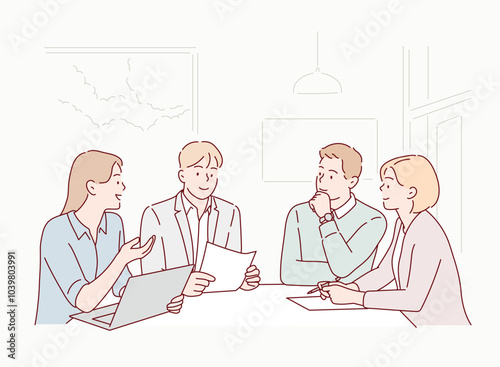 Happy, business people and meeting with laptop in office for communication of company strategy and goals. Hand drawn style vector design illustrations.