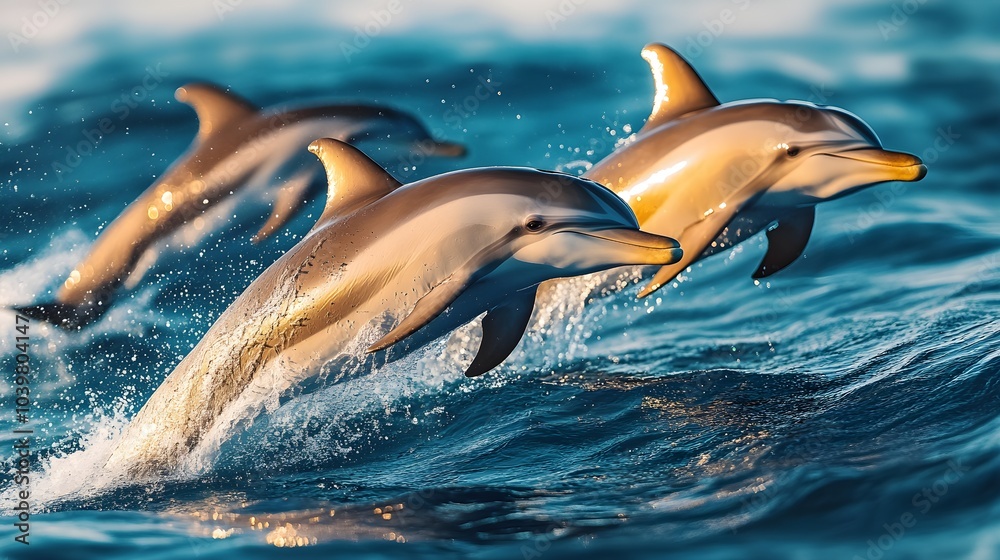 Close-up view of colorful dolphins swimming in sync beneath clear blue waters, their playful movements captured in stunning clarity, Photorealistic, Bright Tones, Dynamic Composition Close-up view of colorful dolphins swimming in sync beneath clear blue waters, their playful movements captured in stunning clarity, Photorealistic, Bright Tones, Dynamic Composition