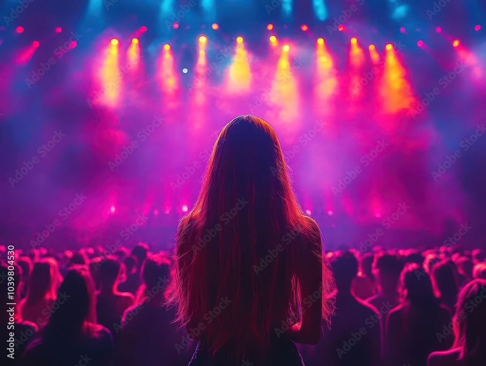 Fototapeta premium crowd of concert-goers illuminated under vibrant stage lights, capturing the energy and excitement of a live music event, with a dynamic and colorful atmosphere