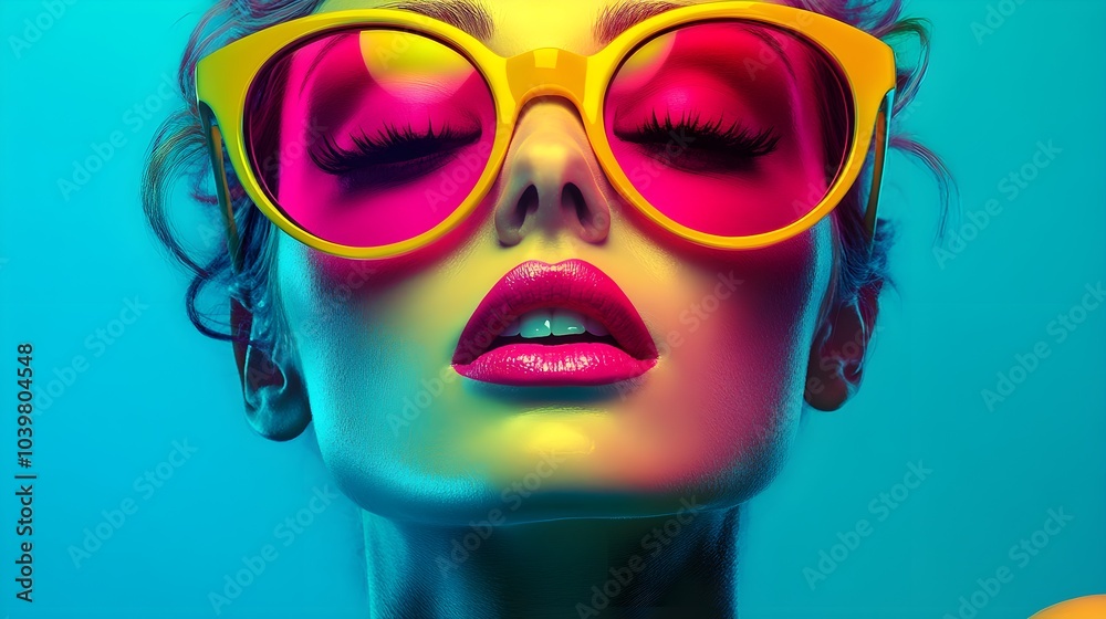 Colorful retro pop art of a woman with dramatic sunglasses, expressive pose, and vibrant color palette featuring bright pink, yellow, and turquoise hues Colorful retro pop art of a woman with dramatic sunglasses, expressive pose, and vibrant color palette featuring bright pink, yellow, and turquoise hues