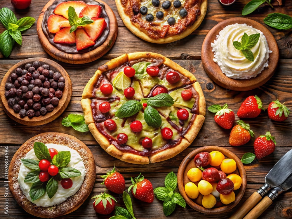 Aerial View of a Vibrant Sweet Pizza Menu Featuring Colorful Toppings and Fresh Ingredients Aerial View of a Vibrant Sweet Pizza Menu Featuring Colorful Toppings and Fresh Ingredients
