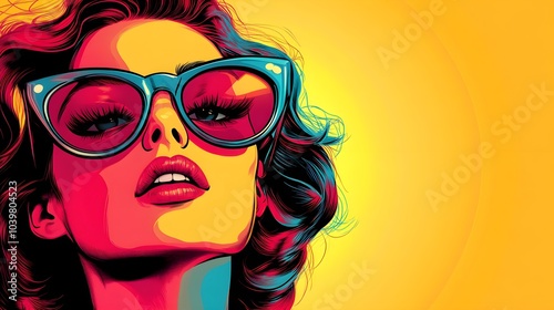 Colorful retro pop art of a woman with dramatic sunglasses, expressive pose, and vibrant color palette featuring bright pink, yellow, and turquoise hues