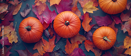 Autumnal Flat Lay with Pumpkins and Fall Leaves