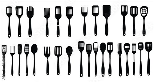 Abstract spatula silhouettes vector icons. Collection of kitchen spatula silhouettes vector. Stylish spatula silhouettes vector design. Spatula silhouettes vector illustration