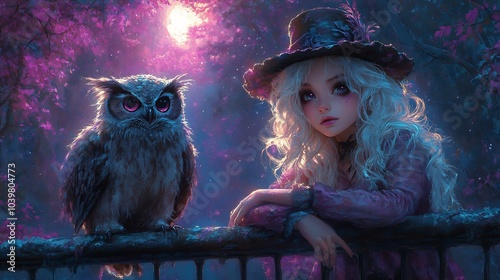 Cute girl with tousled white hair top hat and marbled lipstick sits on a fence with her fluffy owl under a moonlit forest The scene glows in purple pink black and lavender hues gothic kawaii style photo