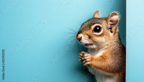 Curious squirrel peeks around a corner in a bright blue setting during daylight