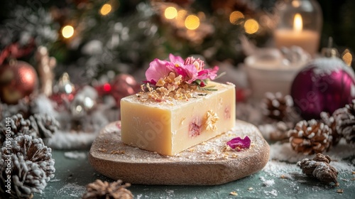 Skin care natural crafted handmade soap winter Christmas atmosphere background