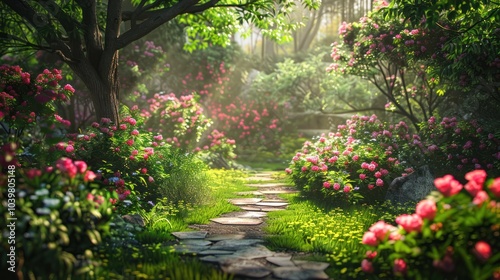 A tranquil garden with blooming flowers and a stone path