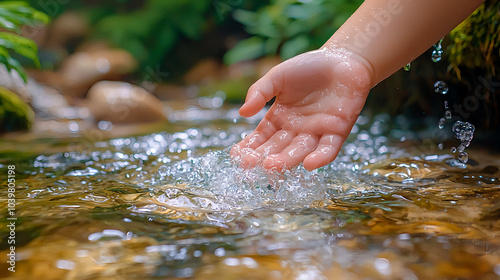 綺麗な水辺の水を触る子どもの手のクローズアップ