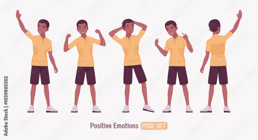Fototapeta premium Handsome happy dark skin young man wearing classic polo shirt set, joy pose. Confident relaxed guy in traditional modern appearance and casual look for sports, business occasion. Vector illustration
