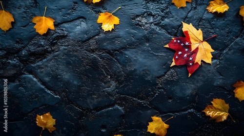 Dark urban setting, American flag stretched over a black stone background, golden autumn leaves highlighted by night lights, Memorial Day commemoration photo