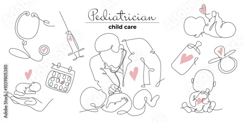 Vector set of pediatrician and pediatrics icons in one line style. Continuous line drawing of doctor silhouette, new born baby, stethoscope, syringe and baby pacifier