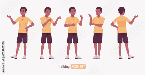 Handsome dark skin young man wearing classic polo shirt set, speaking pose. Confident relaxed guy in traditional modern appearance and casual look for sports, business occasion. Vector illustration