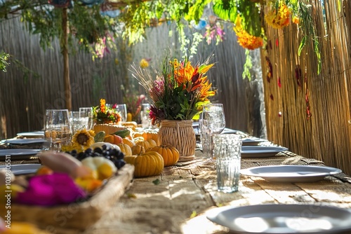 Sunlit festive outdoor table setting, floral centerpiece, autumn photo