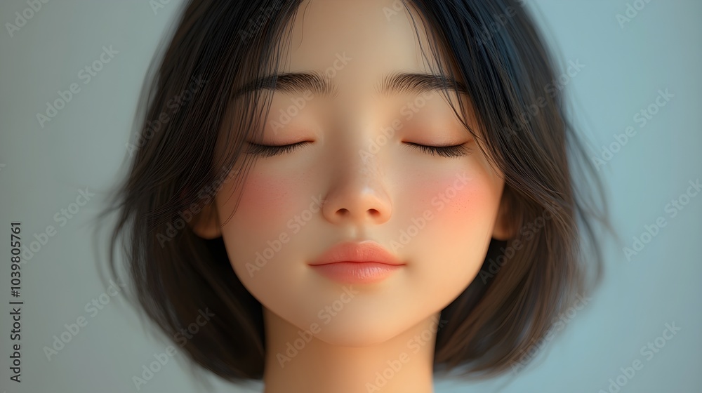 Depressed young Asian girl in 3D cartoon form, closed eyes, melancholic expression, smooth textures, light background, focus on emotion and softness Depressed young Asian girl in 3D cartoon form, closed eyes, melancholic expression, smooth textures, light background, focus on emotion and softness