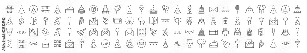 Cake, Holiday Hat, Postcard, Garland, Balloon Collection of Thin Icons. Editable Stroke. Suitable for Web Sites, Books, Cards, Apps Cake, Holiday Hat, Postcard, Garland, Balloon Collection of Thin Icons. Editable Stroke. Suitable for Web Sites, Books, Cards, Apps