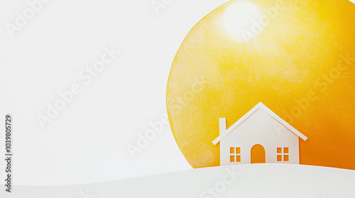 Minimalist house with large sun backdrop in abstract style