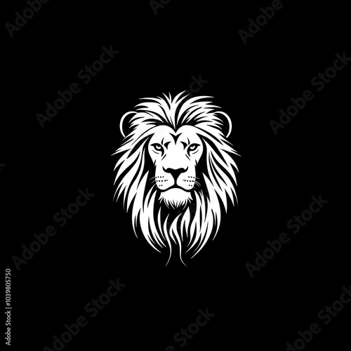 White lion head illustration on a black background.