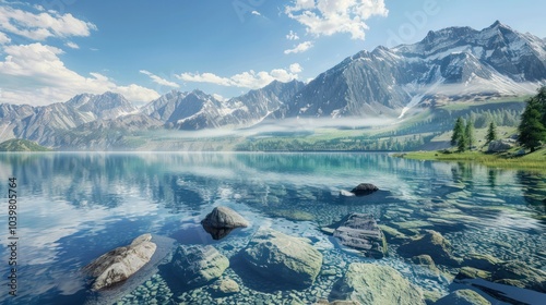 Fototapeta Naklejka Na Ścianę i Meble -  A serene mountain lake with crystal-clear water