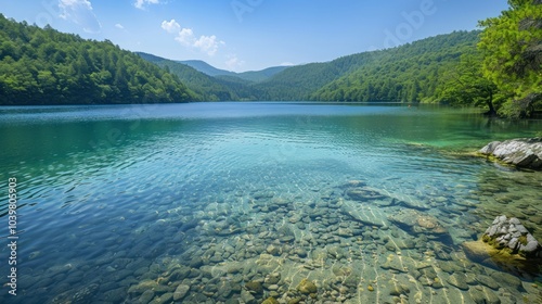 Fototapeta Naklejka Na Ścianę i Meble -  A serene mountain lake with crystal-clear water