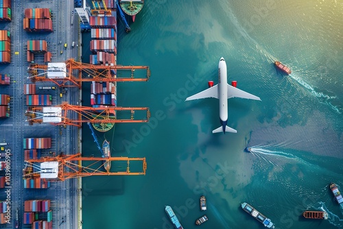 Aerial view of cargo port with airplane and ships