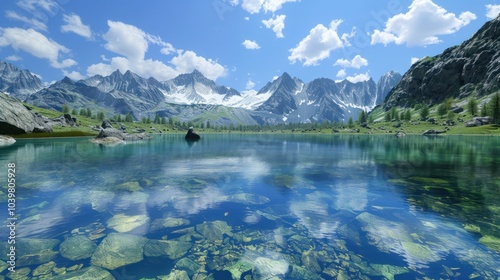 Fototapeta Naklejka Na Ścianę i Meble -  A serene mountain lake with crystal-clear water