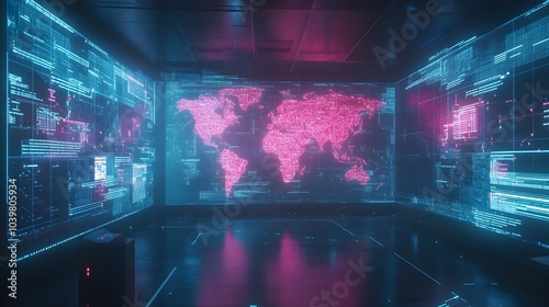 Wallpaper Mural Virtual data transfer network visualized as a hologram with floating servers across continents, blue and pink lighting, high-tech control room, glowing wireframe Torontodigital.ca