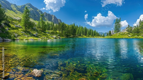 Fototapeta Naklejka Na Ścianę i Meble -  A serene mountain lake with crystal-clear water