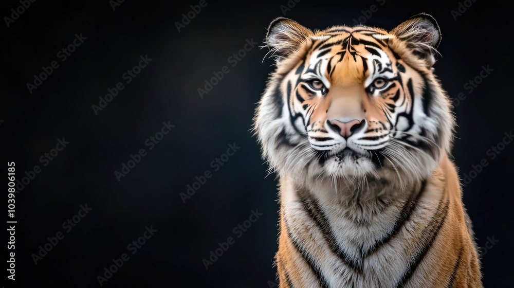 A close-up portrait of a majestic tiger with intense eyes staring directly at the camera against a black background. A close-up portrait of a majestic tiger with intense eyes staring directly at the camera against a black background.