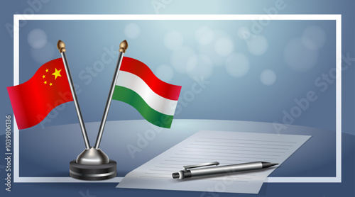 China and Hungary Small national flag on bokeh background, cooperative relationship