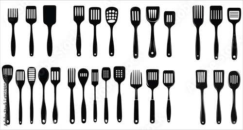 Abstract spatula silhouettes vector icons. Collection of kitchen spatula silhouettes vector. Stylish spatula silhouettes vector design. Spatula silhouettes vector illustration