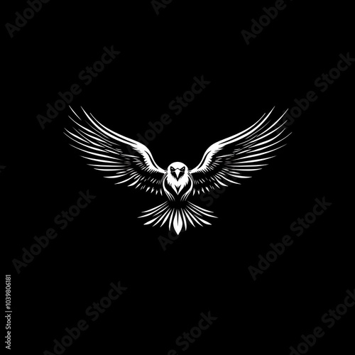 White silhouette of a falcon with its wings spread against a black background. photo