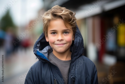 portrait of a smiling boy in a winter jacket on the street