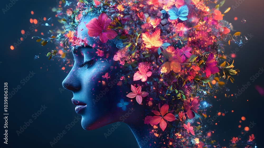 Human profile with botanical elements growing from the brain, blending organic life and technology, digital painting, neon holographic colors Human profile with botanical elements growing from the brain, blending organic life and technology, digital painting, neon holographic colors