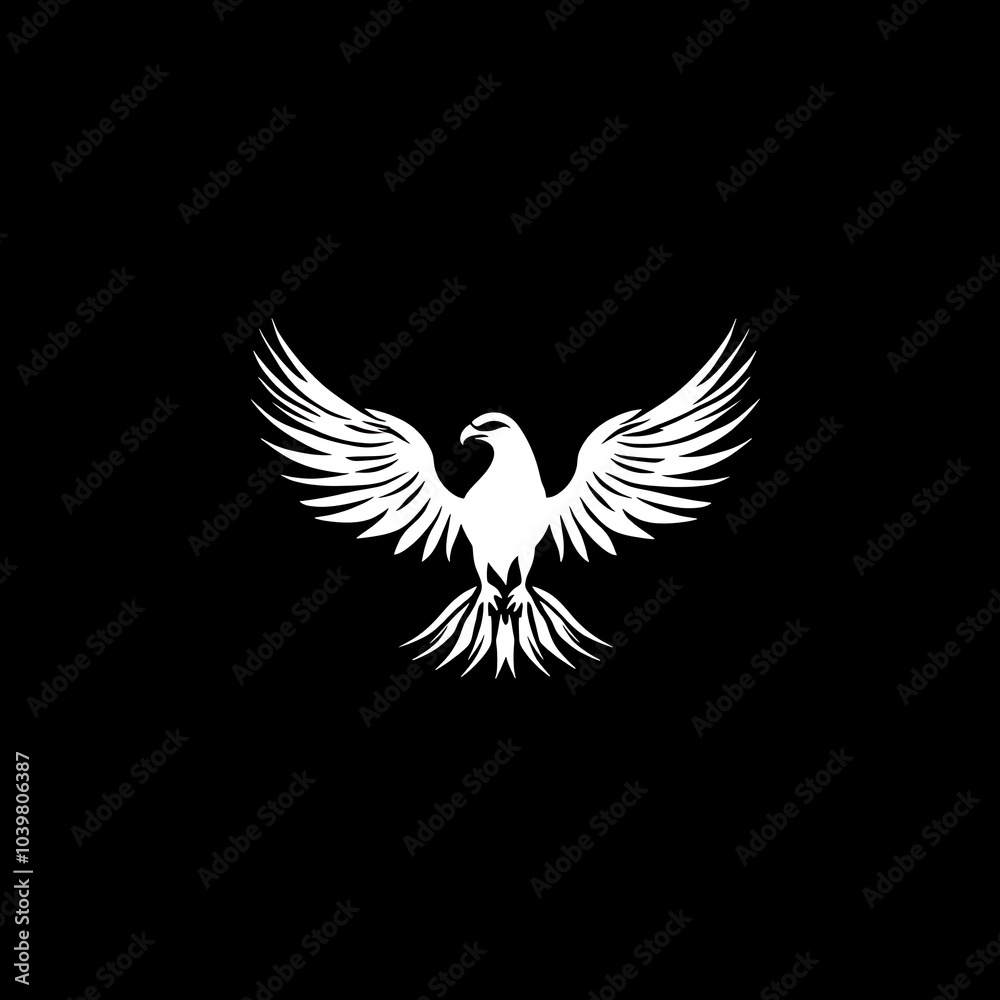 Fototapeta premium White silhouette of an eagle with wings spread wide against a black background.
