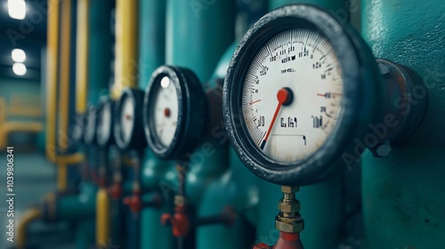 Close-up of industrial pressure gauges on pipelines, showcasing precision measurement and engineering in a factory setting. photo