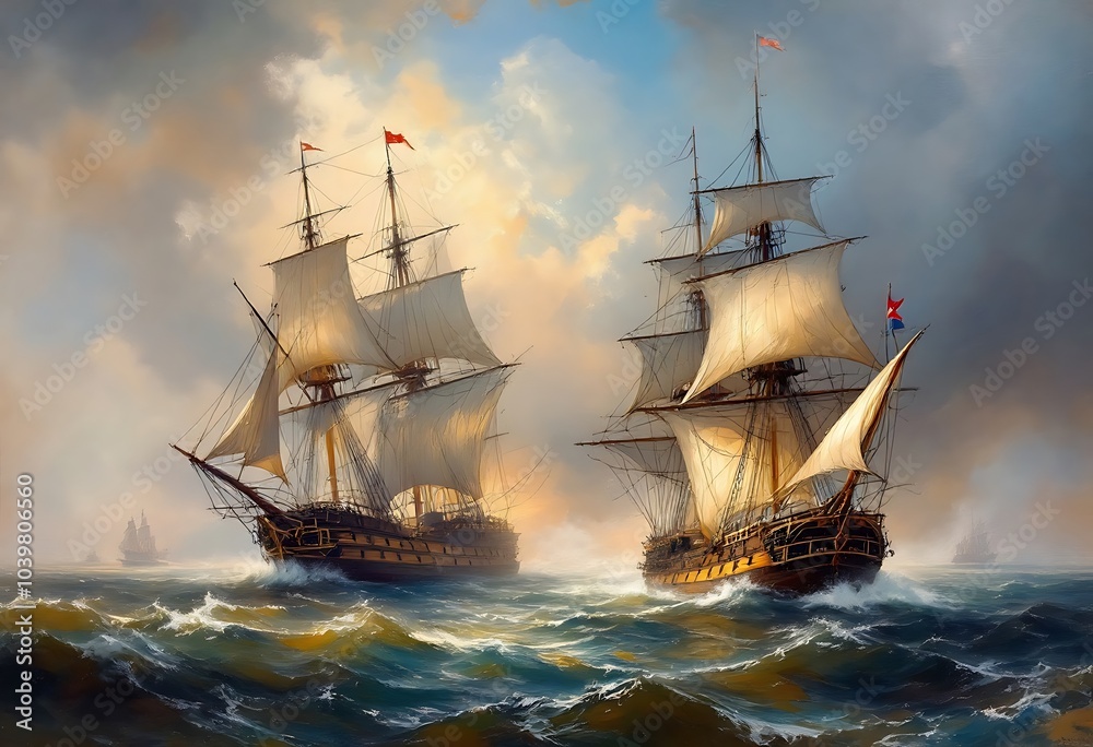Obraz premium Sea paintings landscape. Old sailing ships. Naval ships fighting, tall masted sailing ships on the ocean battle, vintage style. Fine art 