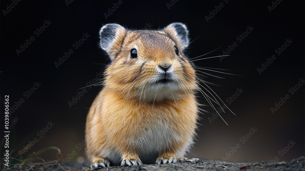 A close-up portrait of a pika, a small mammal with large ears and a fluffy coat, looking directly at the camera. A close-up portrait of a pika, a small mammal with large ears and a fluffy coat, looking directly at the camera.