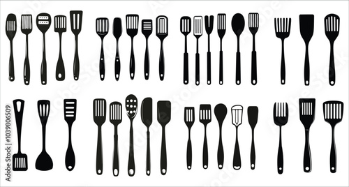 Abstract spatula silhouettes vector icons. Collection of kitchen spatula silhouettes vector. Stylish spatula silhouettes vector design. Spatula silhouettes vector illustration