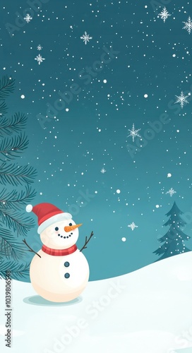 Stylish mobile phone wallpaper, flat illustration style, simple background with a snowman and Christmas trees, snowflakes falling in the sky, simple colors, minimal details
