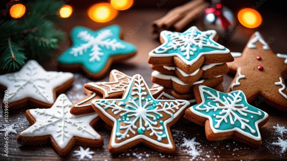Festive gingerbread cookies on a wooden table, decorated with white icing, star and tree shapes, warm holiday atmosphere, rustic style, soft natural lighting Festive gingerbread cookies on a wooden table, decorated with white icing, star and tree shapes, warm holiday atmosphere, rustic style, soft natural lighting