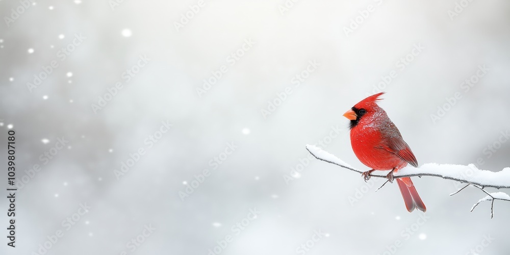 A Red Cardinal bird in a winter setting with copy space A Red Cardinal bird in a winter setting with copy space